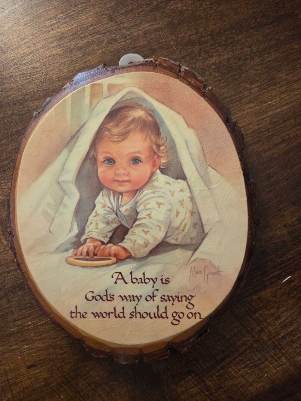 Alan Grant wooden baby sign. Vintage